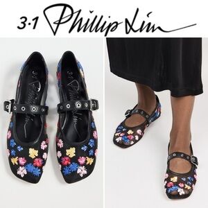 3.1 Phillip Lim ID Flowerworks Mesh Mary Jane Black Flats Floral Embroidery EU36